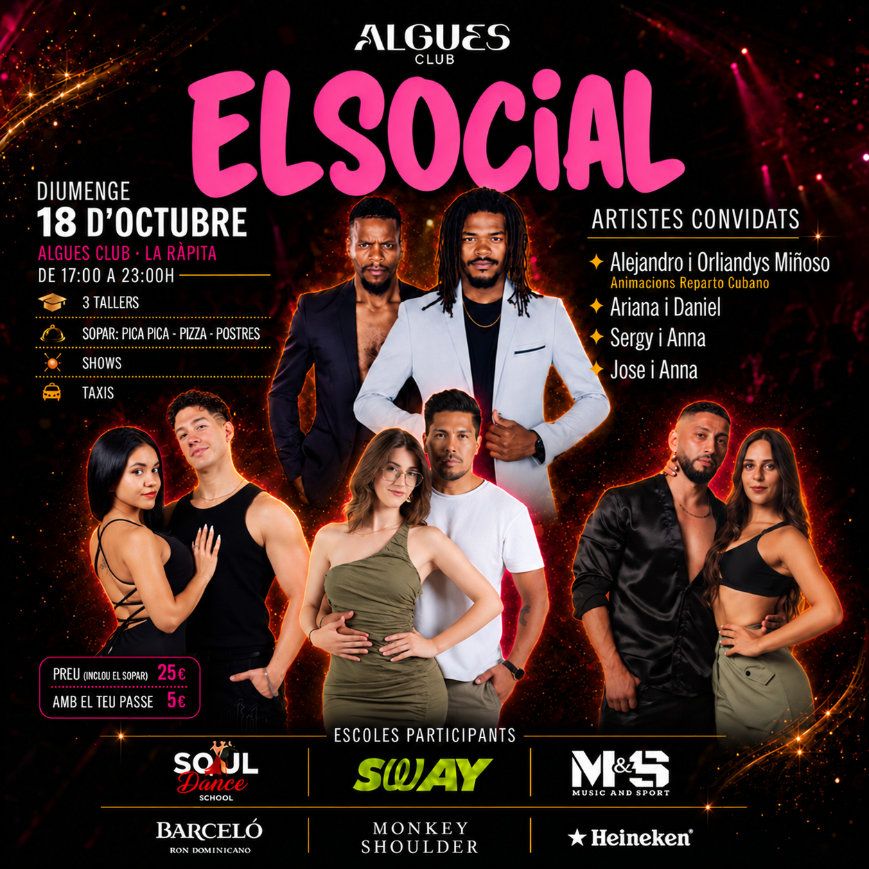 Cartel de El Social, domingo 18 de octubre en Algues Club, La Ràpita. Horario, artistas y precios detallados a continuación.